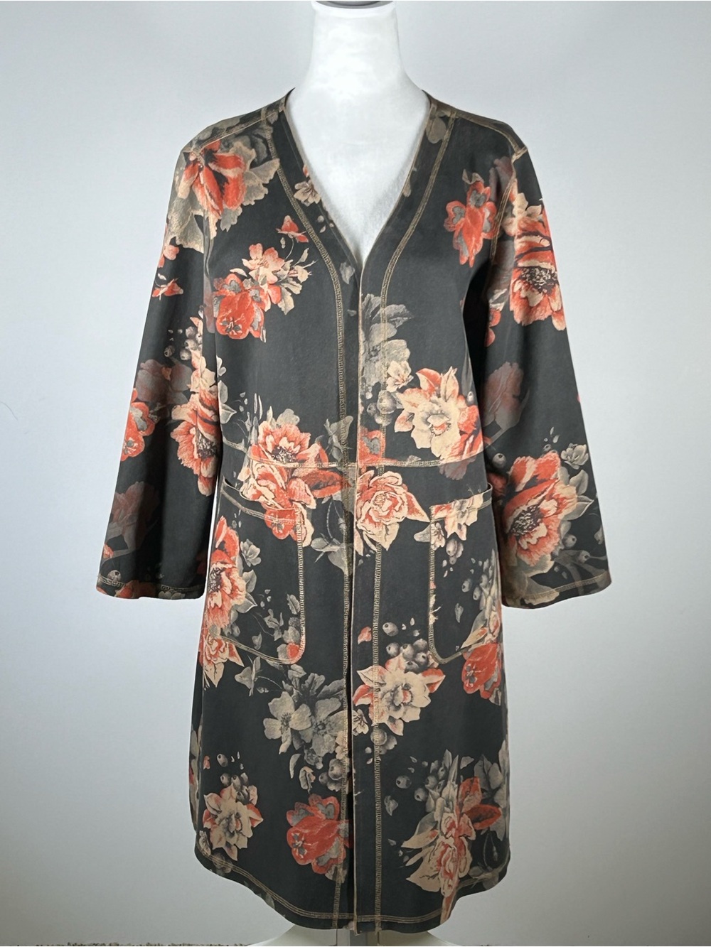 Catherine Malandrino Faux Leather Floral Duster Jacket Kimono Large